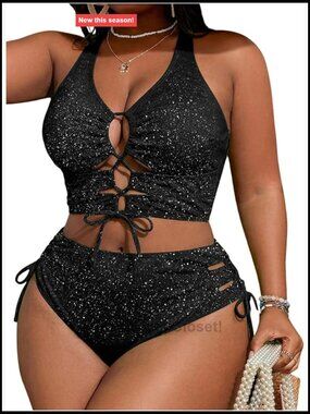 Plus Size Lace Up High Waist Bikini Set Tummy Control Triangle Top Brief Bottom